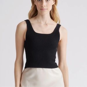 Quince Cropped Square Neck Ribbed Knit Tank Black NWT